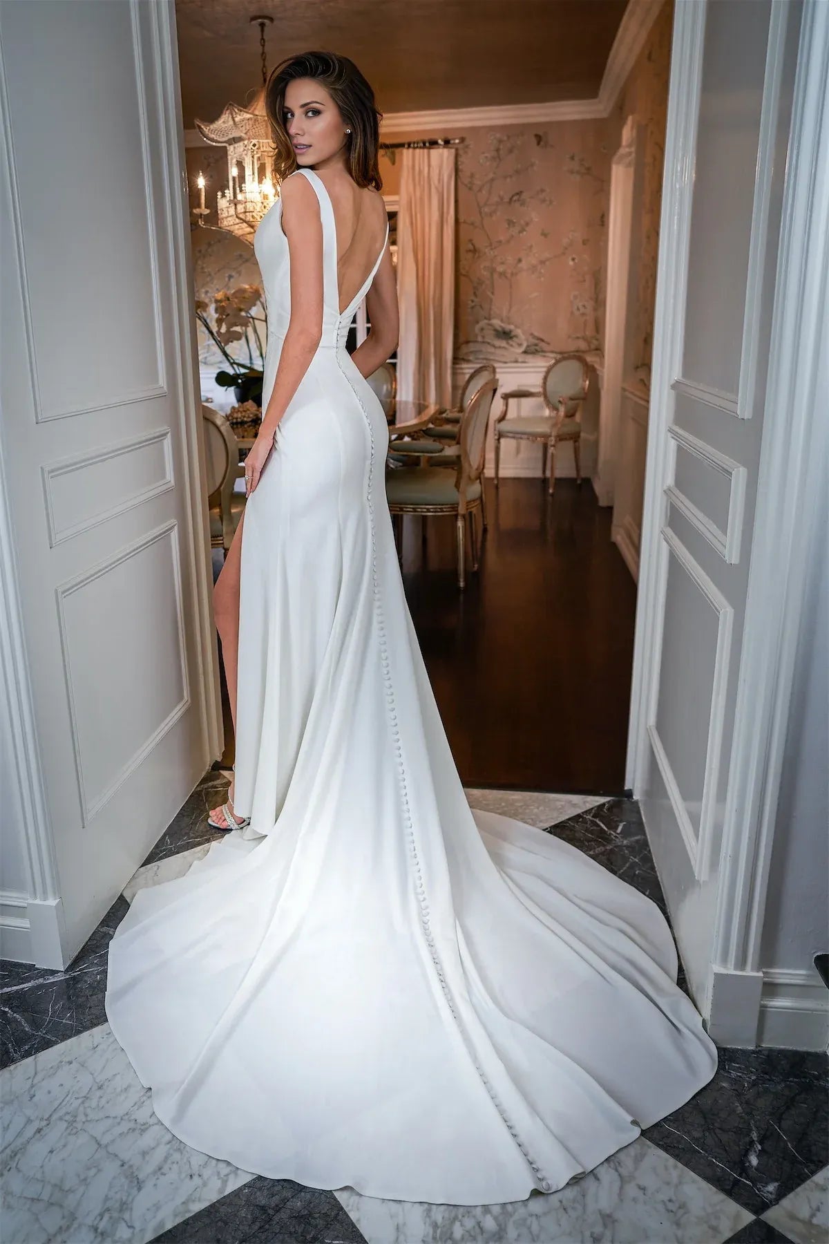 Mermaid Plunging Crepe Sleeveless Button Back High Slit Wedding Dress - Yihuiw by Yihuiw