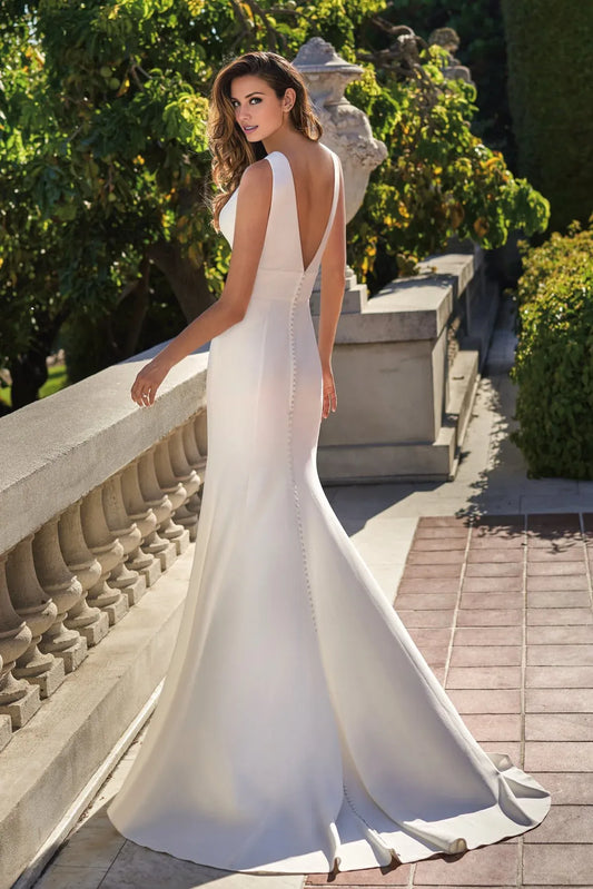 Mermaid Plunging Crepe Sleeveless Button Back Wedding Dress - Yihuiw by Yihuiw