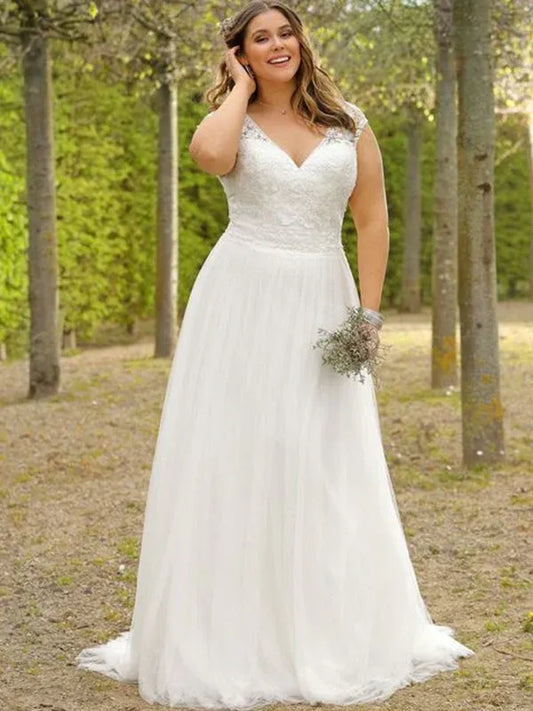 A-Line V-Neck Tulle Sleeveless Wedding Dress - Yihuiw by Yihuiw