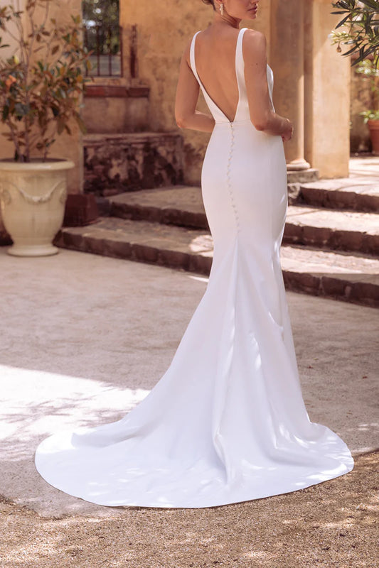Sleeveless V-Neck Satin Mermaid Wedding Dress with Low Back & Cathedral Train