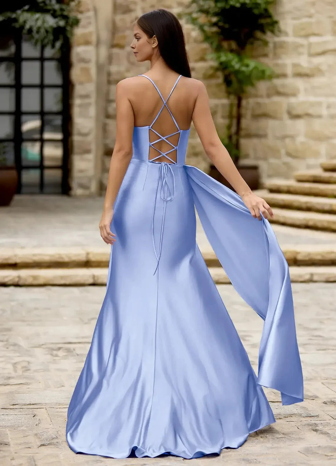 Smooth Mermaid Sweetheart Neck Spaghetti Strap Crisscross Lace Up Back High Slit Floor Length Female Evening Dress by YiHuiw