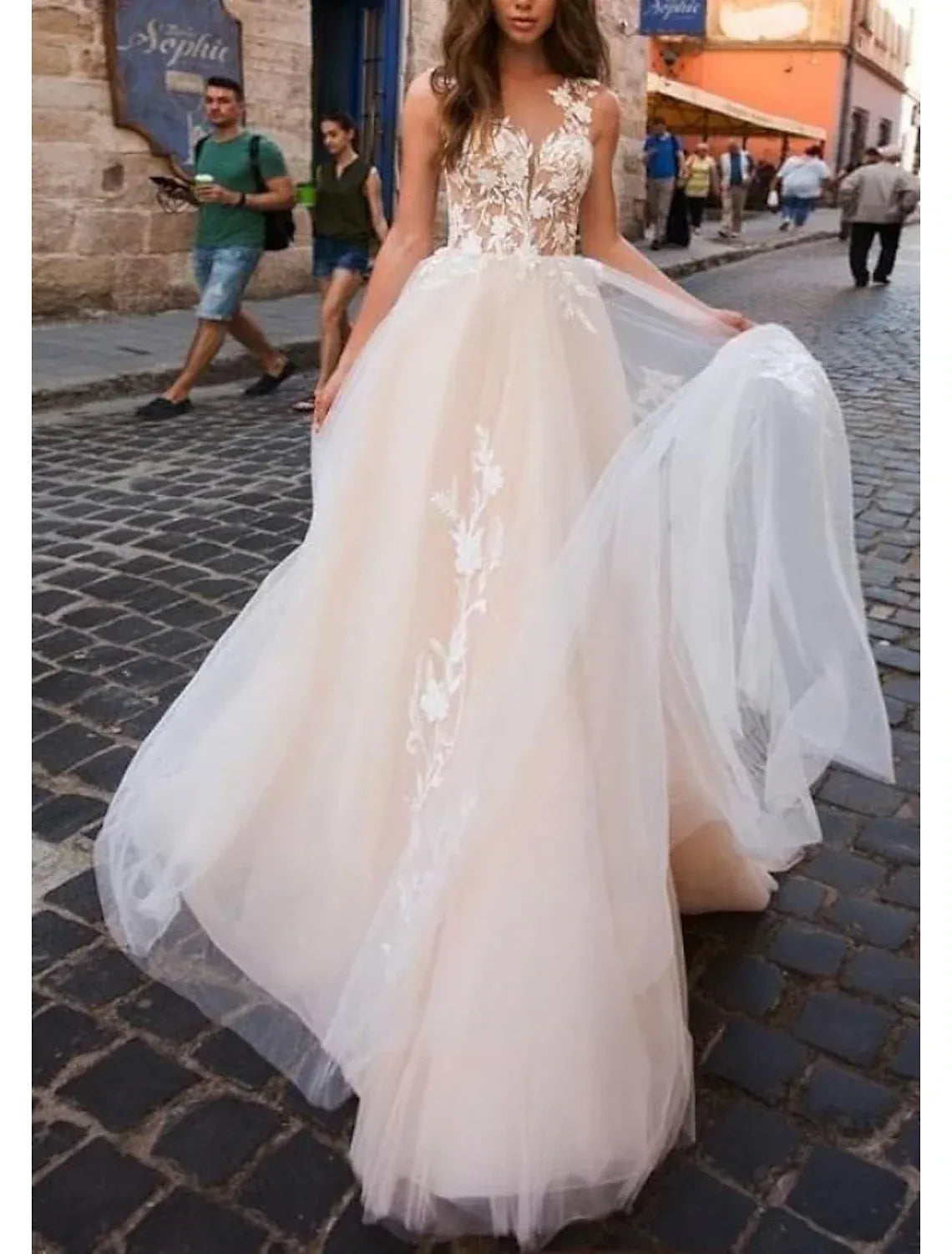 A-Line Spaghetti Strap Train Wedding Dress - Yihuiw by Yihuiw