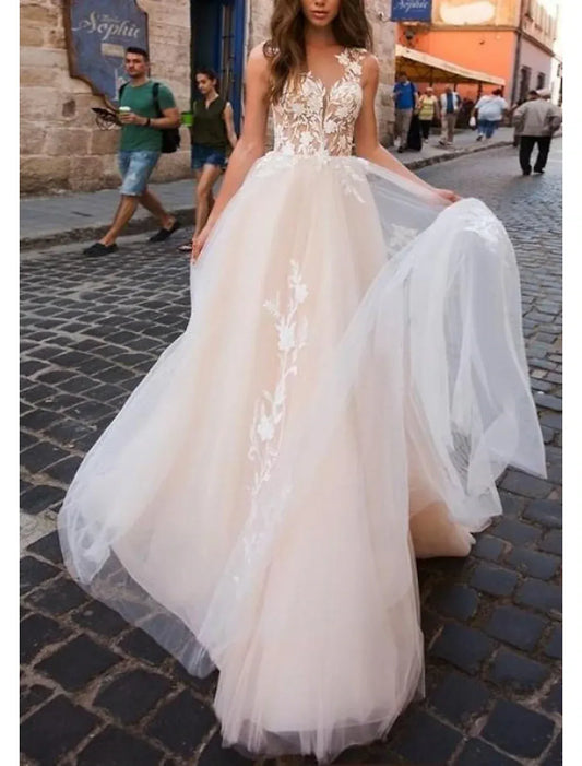 A-Line Spaghetti Strap Train Wedding Dress - Yihuiw by Yihuiw