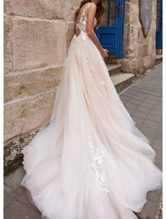 A-Line Spaghetti Strap Train Wedding Dress - Yihuiw by Yihuiw