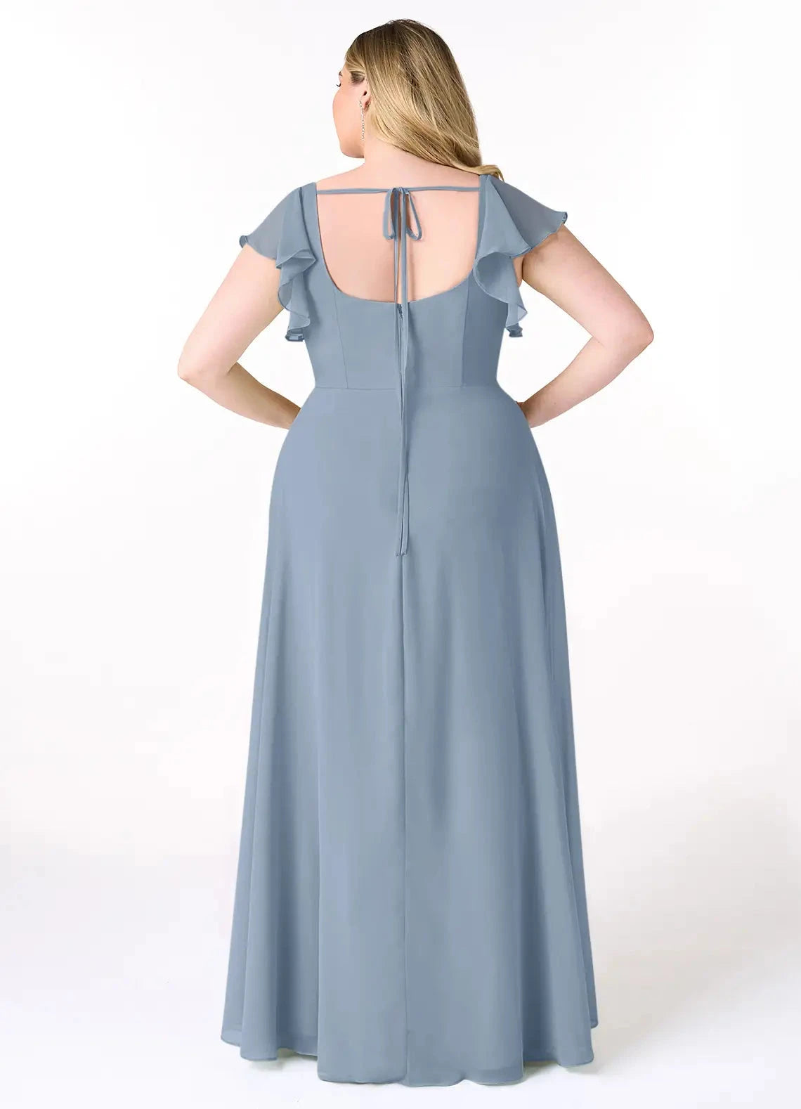 Soft A Line Square Neck Ruffled Cap Sleeve Tie Back High Slit plus size Floor Length For Sale Evening Dress by YiHuiw