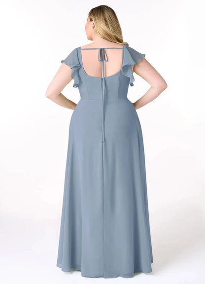 Soft A Line Square Neck Ruffled Cap Sleeve Tie Back High Slit plus size Floor Length For Sale Evening Dress by YiHuiw
