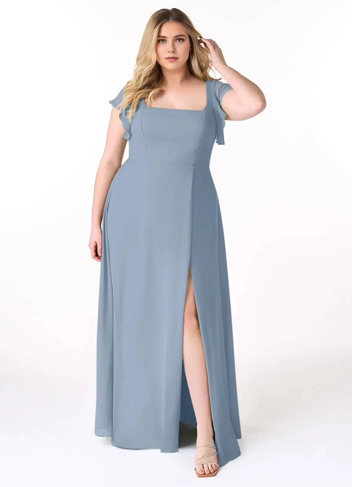 Soft A Line Square Neck Ruffled Cap Sleeve Tie Back High Slit plus size Floor Length For Sale Evening Dress by YiHuiw