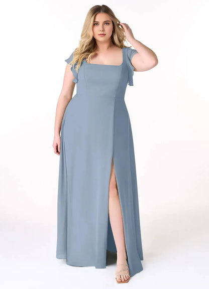 Soft A Line Square Neck Ruffled Cap Sleeve Tie Back High Slit plus size Floor Length For Sale Evening Dress by YiHuiw