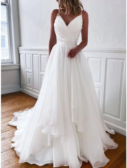 A-Line Spaghetti Strap Chiffon Train Wedding Dress - Yihuiw by Yihuiw