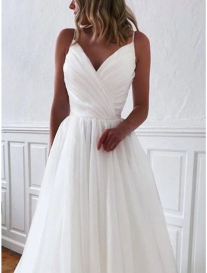 A-Line Spaghetti Strap Chiffon Train Wedding Dress - Yihuiw by Yihuiw