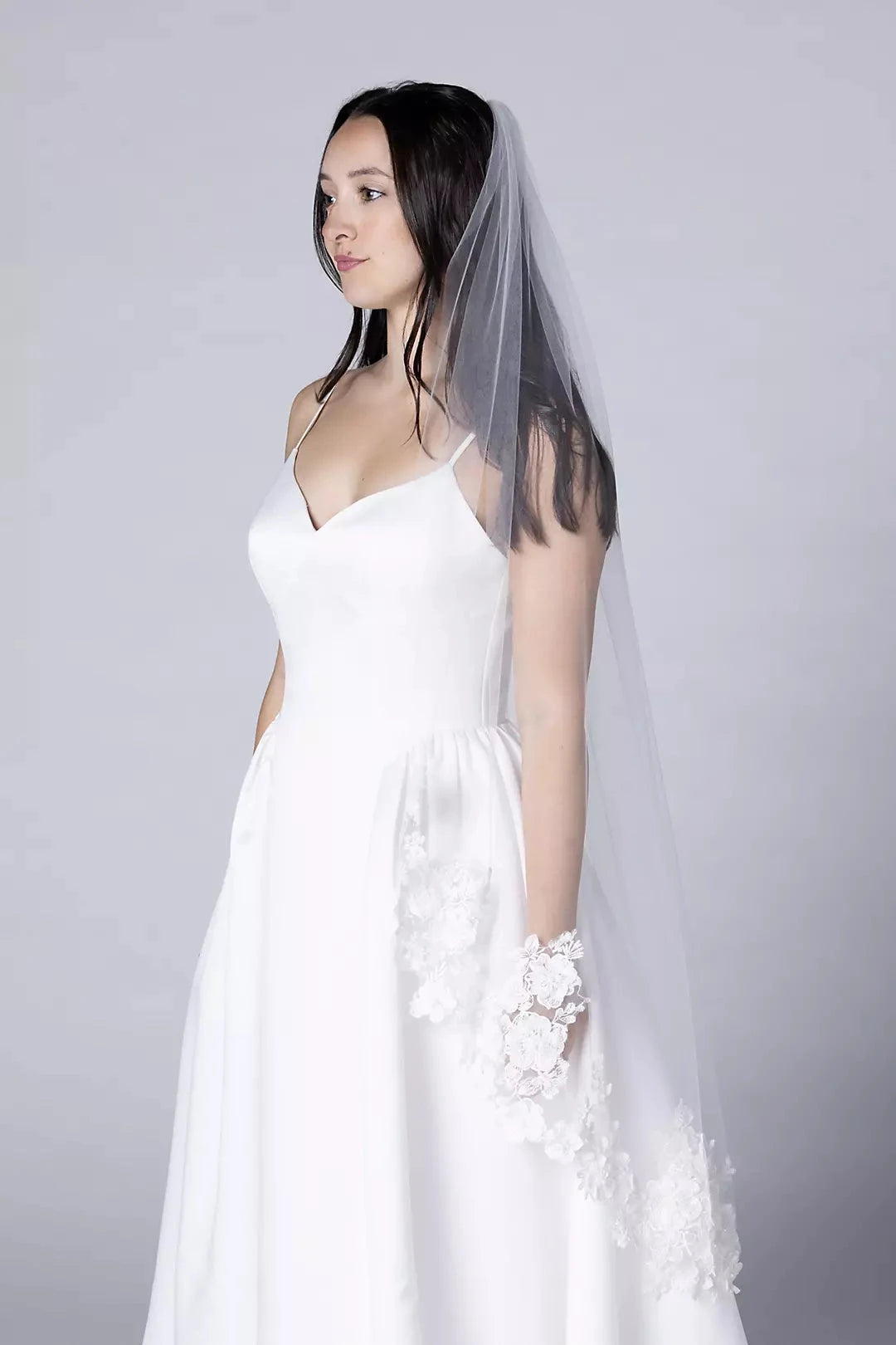 Soft Two-Tiered Fingertip Length Plain Tulle Bridal Veil by YiHuiw