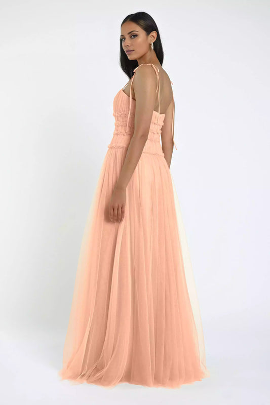 Soft chiffon straight neckline, thin shoulder straps, ruffled edges, waist seam Prom Dresses