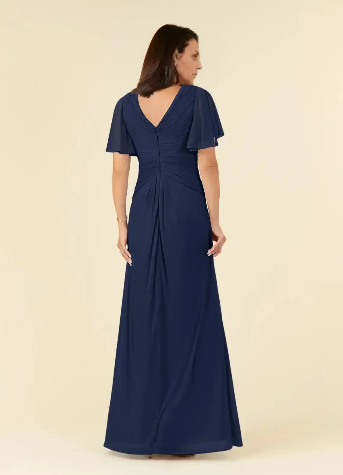 Sophisticated A Line V Neck Flutter Sleeve Ruched Back Floor Length Mother of the Bride Dress by YiHuiw