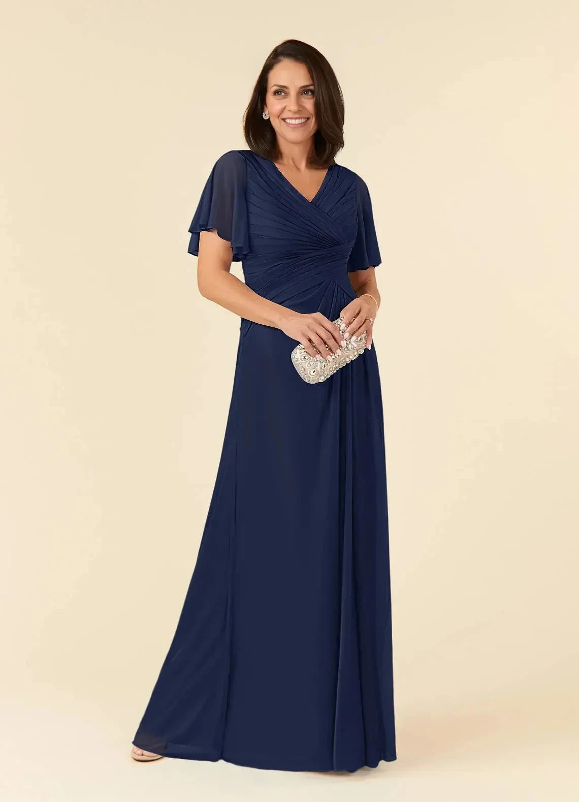 Sophisticated A Line V Neck Flutter Sleeve Ruched Back Floor Length Mother of the Bride Dress by YiHuiw
