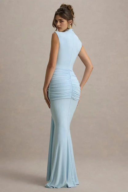 Sophisticated Mermaid Mock Neck Sleeveless Ruched Back Floor Length Prom Dress by YiHuiw