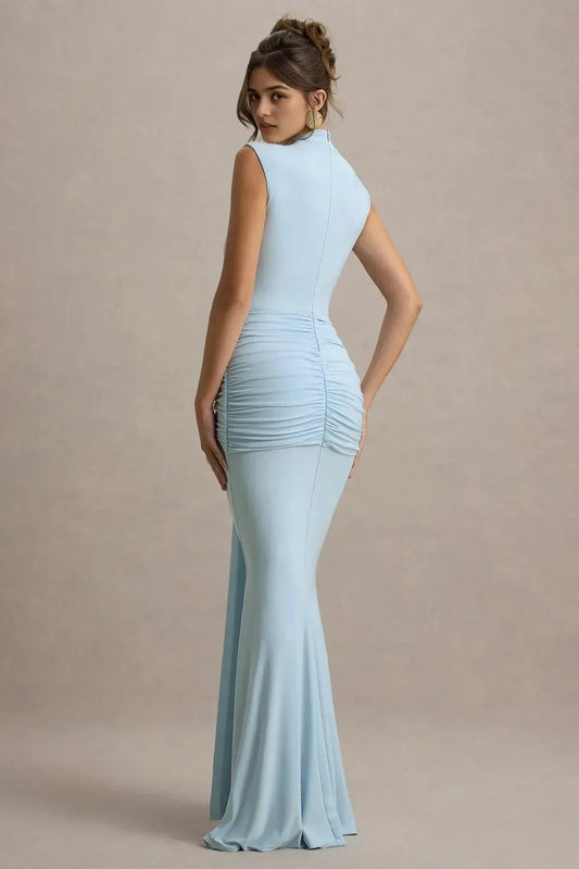 Sophisticated Mermaid Mock Neck Sleeveless Ruched Back Floor Length Prom Dress by YiHuiw
