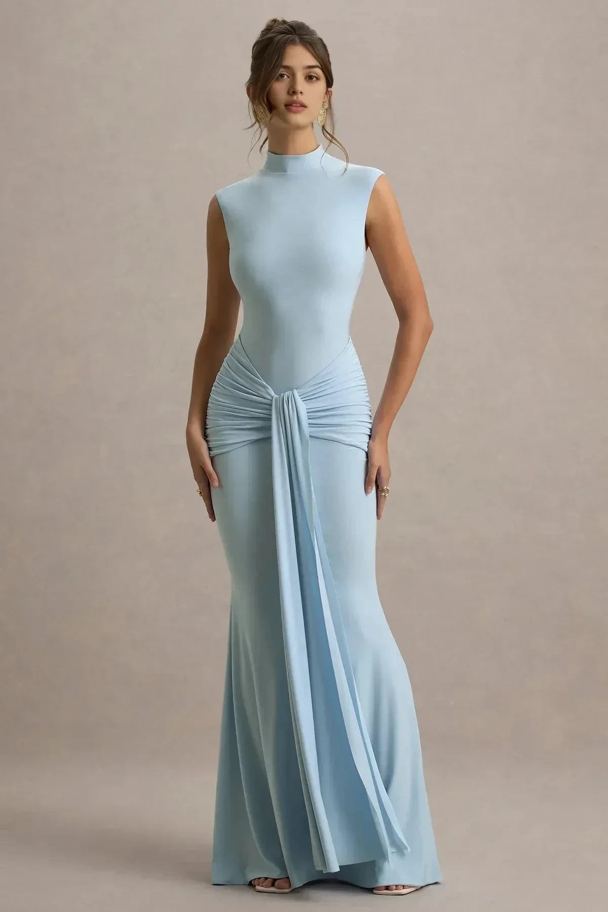 Sophisticated Mermaid Mock Neck Sleeveless Ruched Back Floor Length Prom Dress by YiHuiw