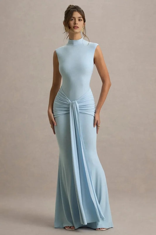 Sophisticated Mermaid Mock Neck Sleeveless Ruched Back Floor Length Prom Dress by YiHuiw
