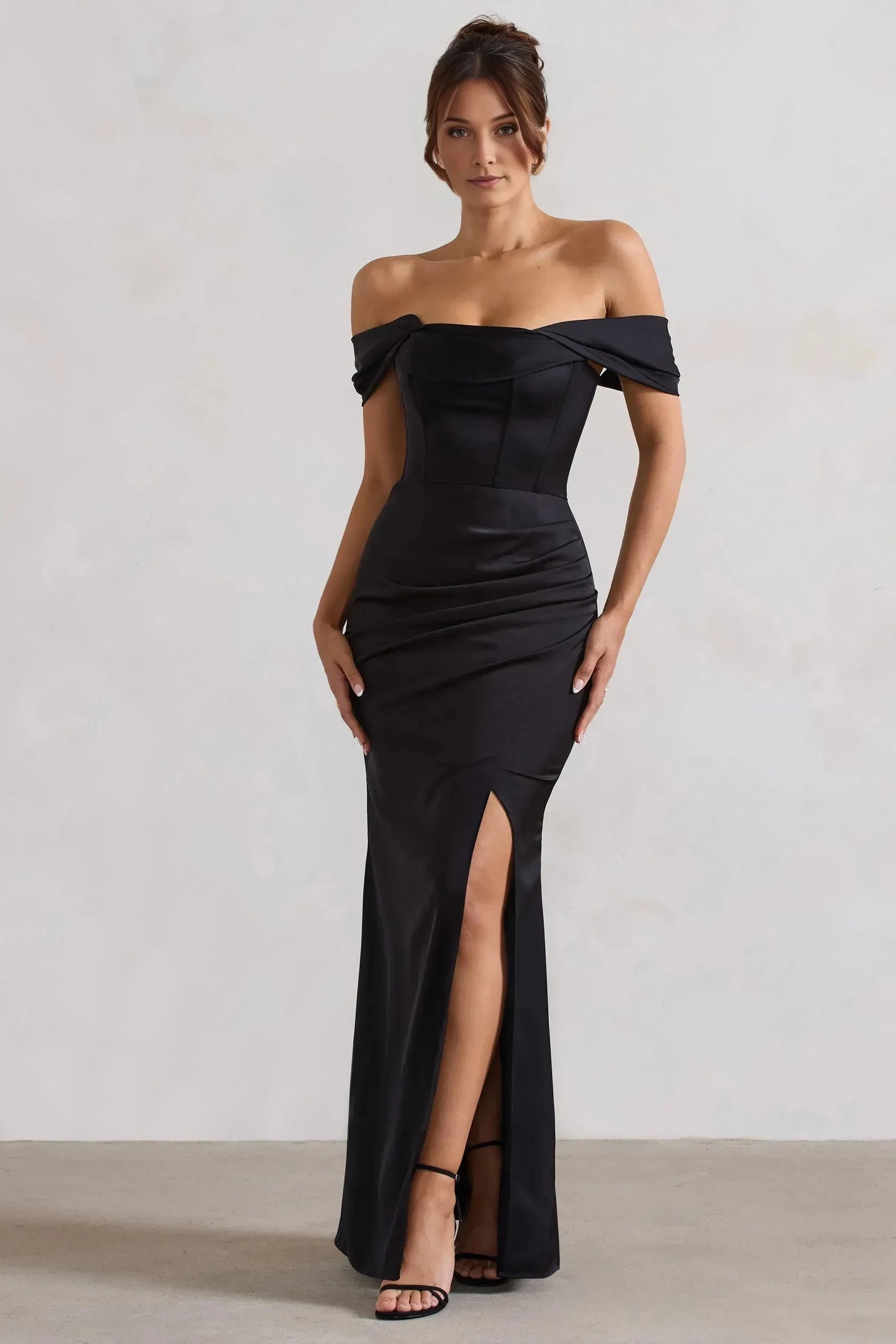 Sophisticated Mermaid Off Shoulder Short Sleeve Ruched Back High Slit Floor Length Prom Dress by YiHuiw