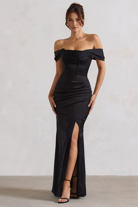 Sophisticated Mermaid Off Shoulder Short Sleeve Ruched Back High Slit Floor Length Prom Dress by YiHuiw