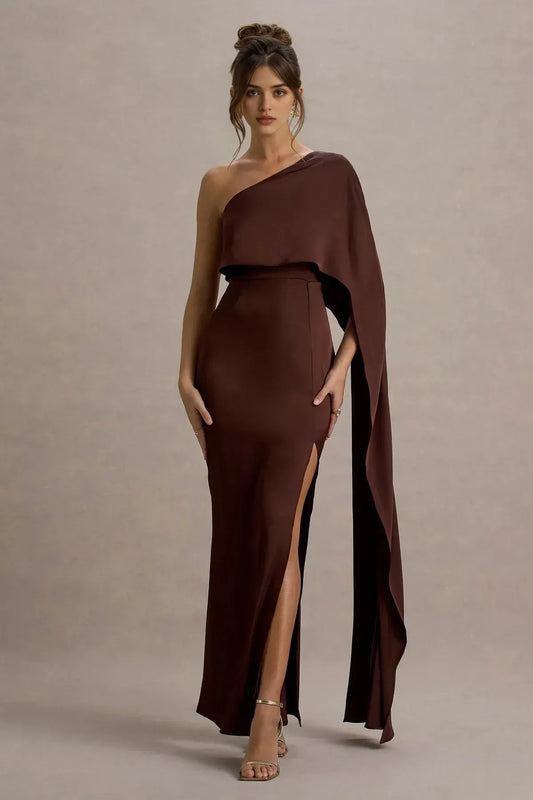 Sophisticated Mermaid One Shoulder Draped Sleeve High Slit Floor Length Prom Dress by YiHuiw