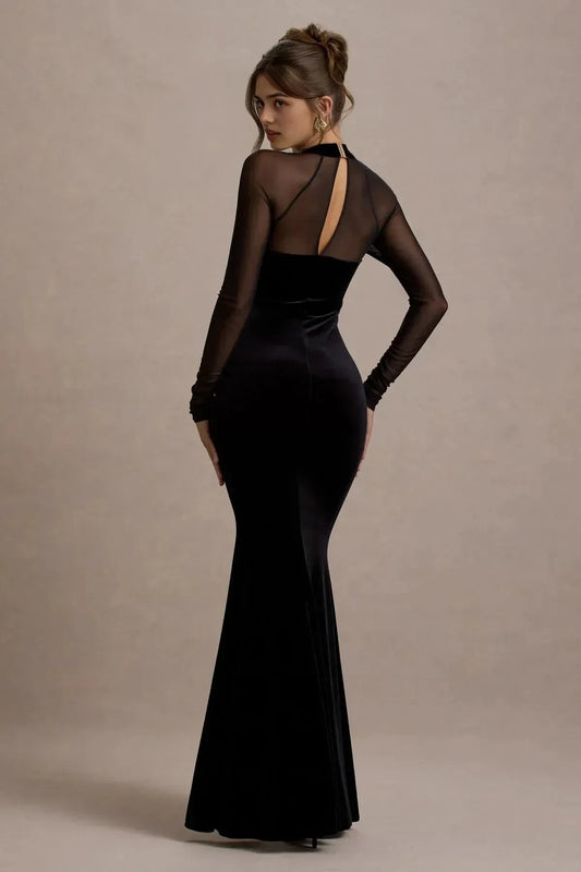 Sophisticated Mermaid Square Neck Mesh Sleeve Cutout Back Floor Length Prom Dress by YiHuiw