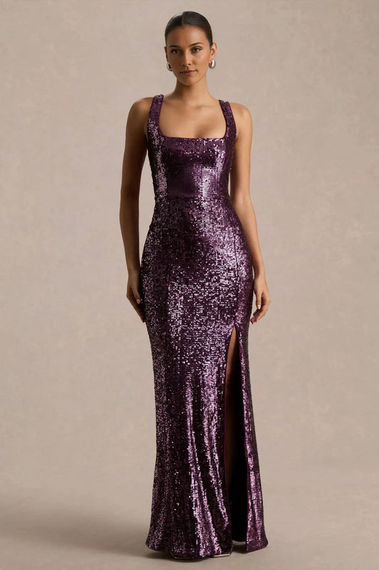Sophisticated Mermaid Square Neck Sleeveless Back Zipper Sequin Floor Length Prom Dress by YiHuiw