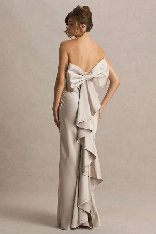 Sophisticated Mermaid Strapless Sleeveless Bow Back Ruffled Floor Length Prom Dress by YiHuiw