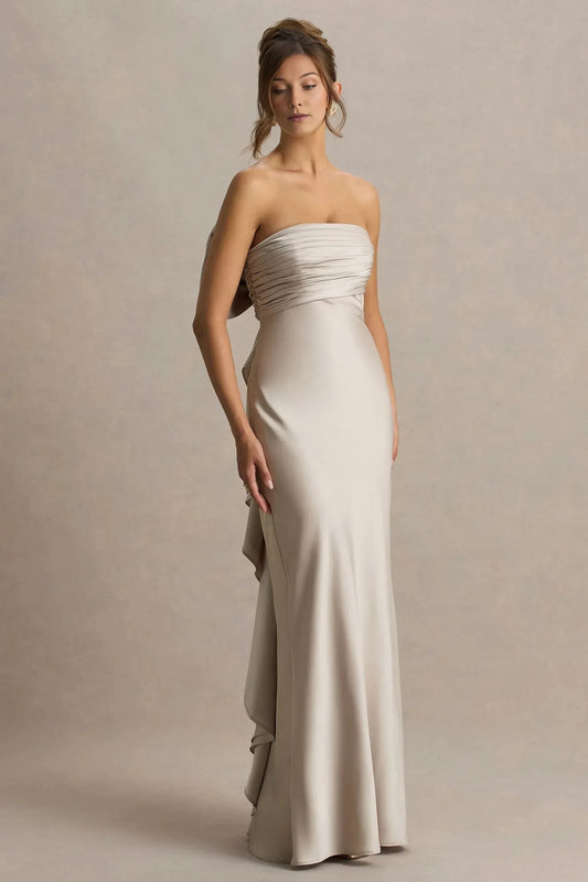 Sophisticated Mermaid Strapless Sleeveless Bow Back Ruffled Floor Length Prom Dress by YiHuiw