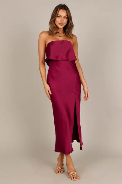 Strapless Satin High Slit Midi Wedding Dress - Yihuiw by Yihuiw