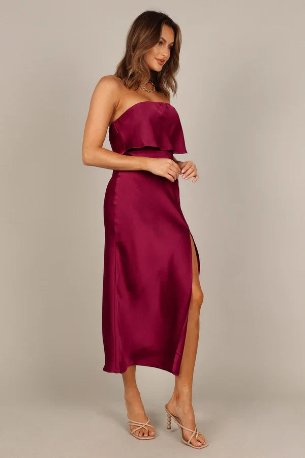 Strapless Satin High Slit Midi Wedding Dress - Yihuiw by Yihuiw