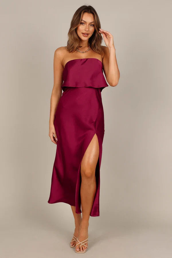 Strapless Satin High Slit Midi Wedding Dress - Yihuiw by Yihuiw