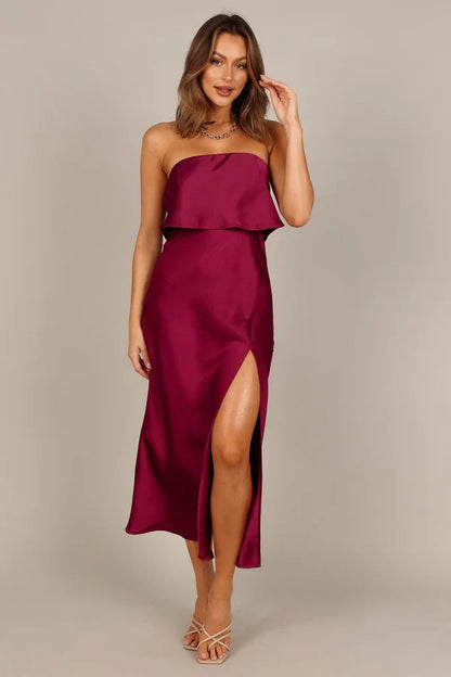 Strapless Satin High Slit Midi Wedding Dress - Yihuiw by Yihuiw