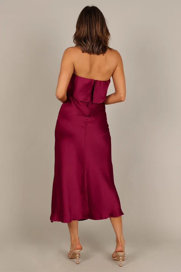Strapless Satin High Slit Midi Wedding Dress - Yihuiw by Yihuiw