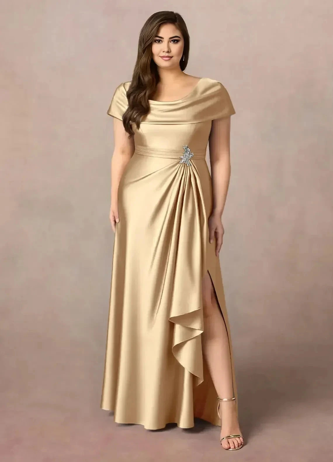 Sophisticated Plus Size A Line Cowl Neck Short Sleeve Ruched Back Floor Length Mother of the Bride Dress by YiHuiw