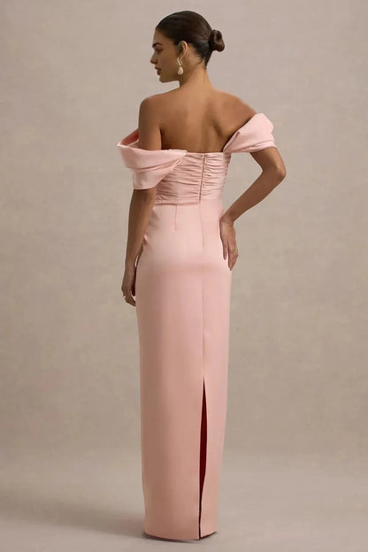 Sophisticated Sheath Off Shoulder Draped Sleeve Ruched Back Floor Length Prom Dress by YiHuiw