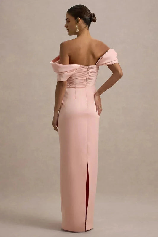 Sophisticated Sheath Off Shoulder Draped Sleeve Ruched Back Floor Length Prom Dress by YiHuiw