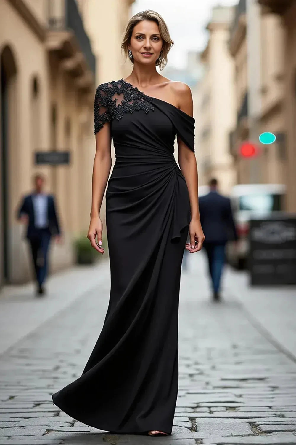 Sophisticated Sheath One Shoulder Lace Sleeve Ruched Back Floor Length Mother of the Bride Dress by YiHuiw