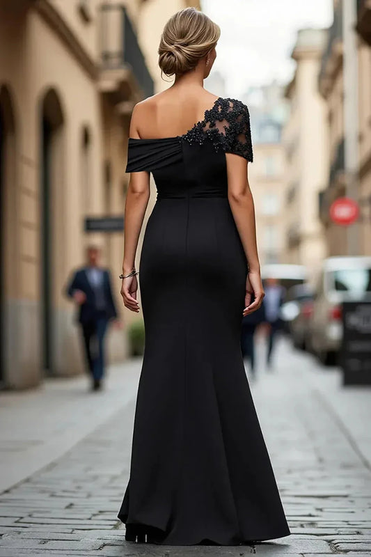 Sophisticated Sheath One Shoulder Lace Sleeve Ruched Back Floor Length Mother of the Bride Dress by YiHuiw