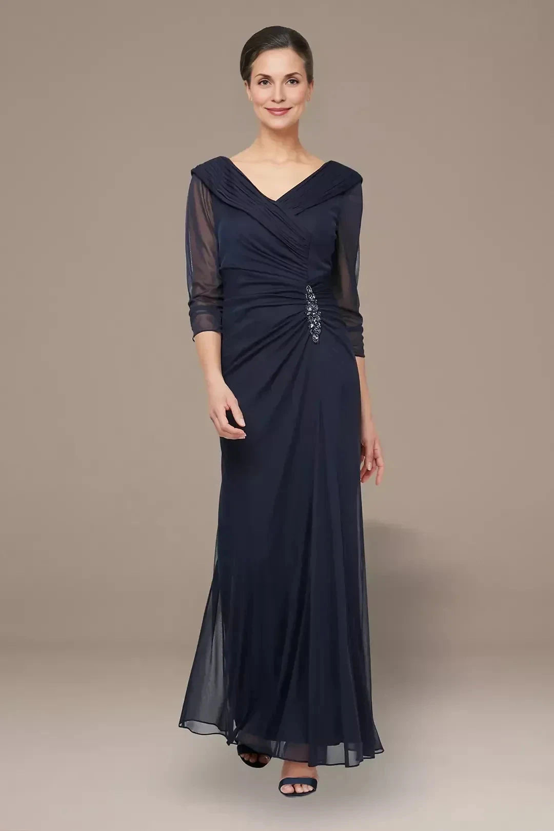 Sophisticated Sheath V Neck Three Quarter Sleeve Zipper Back Floor Length Mother of the Bride Dress by YiHuiw