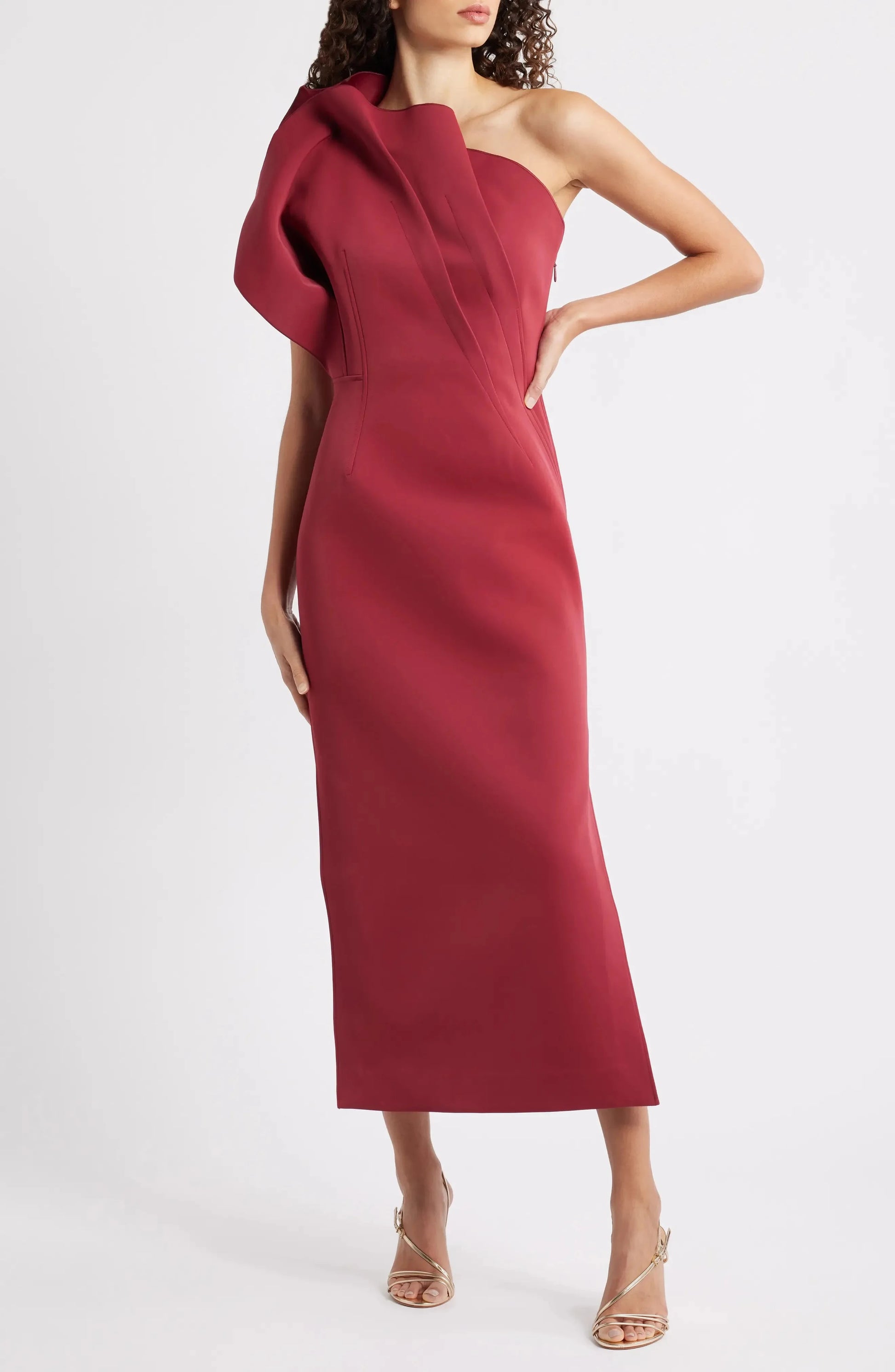 Sophisticated Structured One Shoulder Sleeveless Zipper Back Midi Length For Adults Evening Dress by YiHuiw