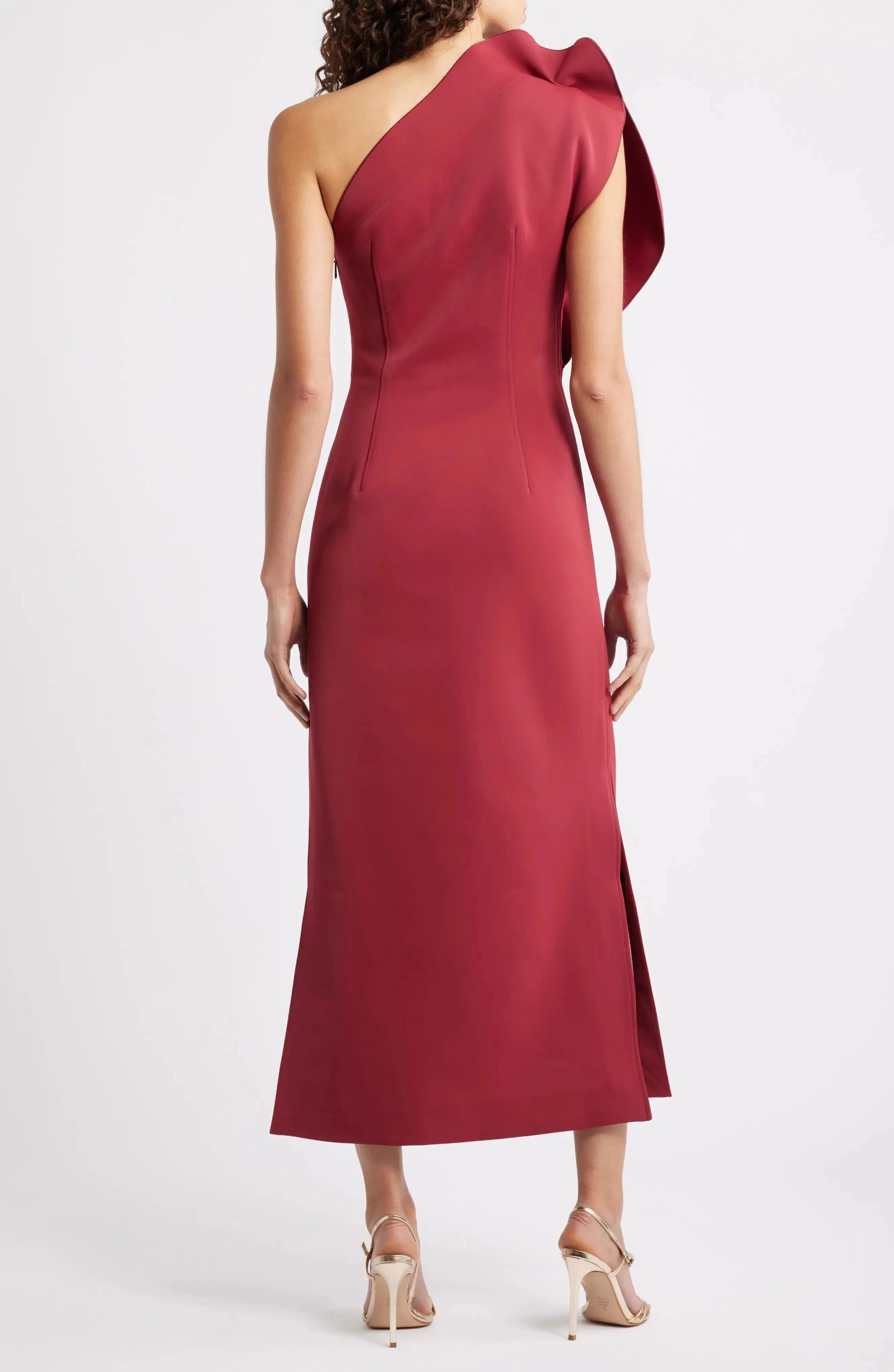 Sophisticated Structured One Shoulder Sleeveless Zipper Back Midi Length For Adults Evening Dress by YiHuiw