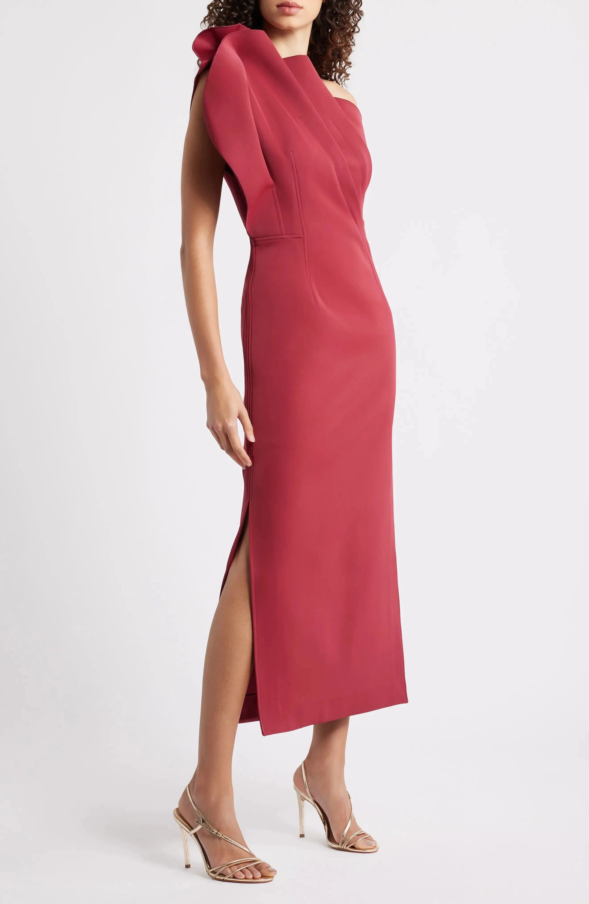 Sophisticated Structured One Shoulder Sleeveless Zipper Back Midi Length For Adults Evening Dress by YiHuiw