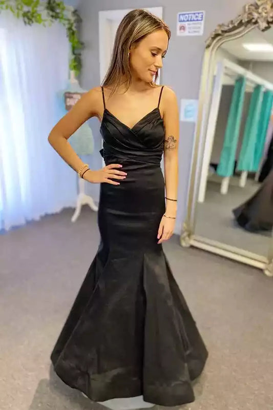 Sophisticated Black Taffeta Mermaid Dress with Plunge V-Neck & Bow Back