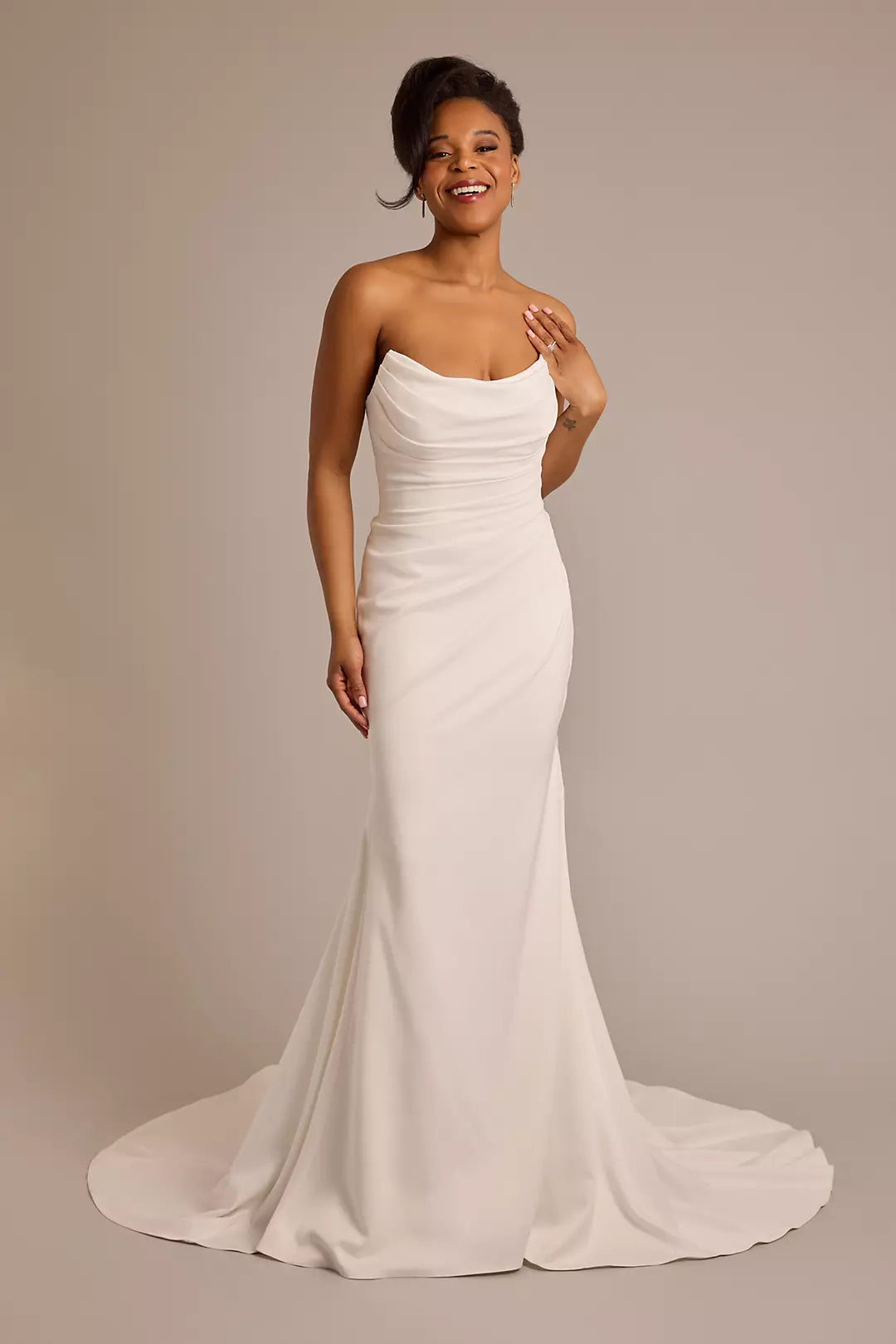Sophisticated Fitted Mermaid Strapless Ruched Open Back Floor-Length Train Wedding Dress