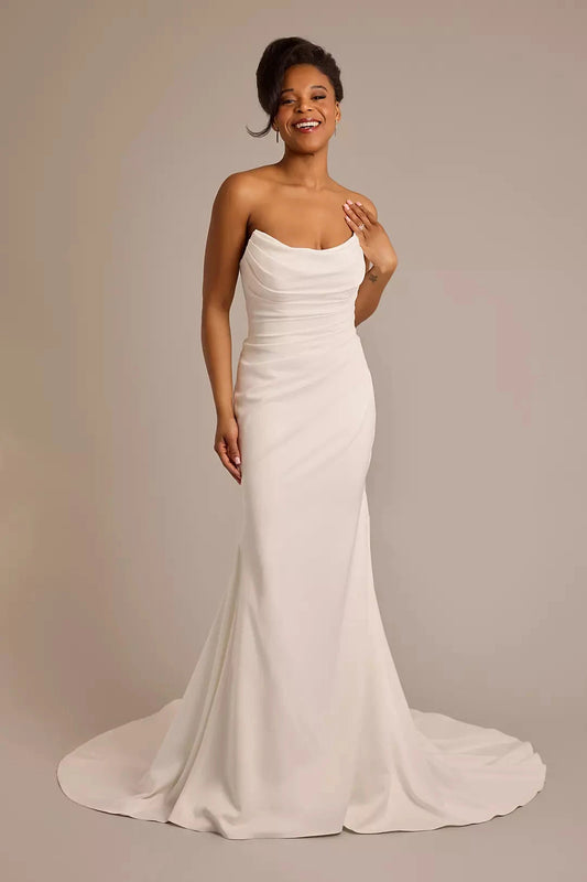 Sophisticated Fitted Mermaid Strapless Ruched Open Back Floor-Length Train Wedding Dress by YiHuiw