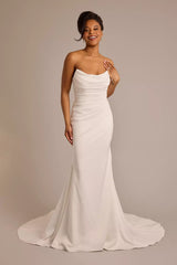 Sophisticated Fitted Mermaid Strapless Ruched Open Back Floor-Length Train Wedding Dress