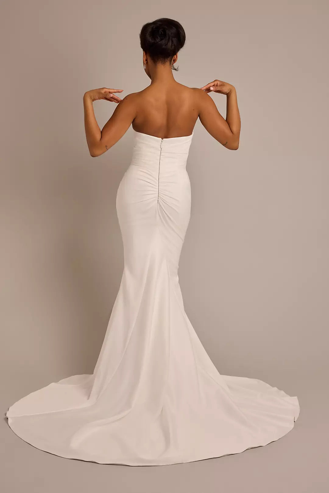 Sophisticated Fitted Mermaid Strapless Ruched Open Back Floor-Length Train Wedding Dress