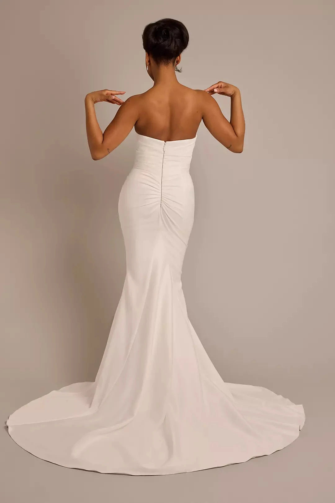 Sophisticated Fitted Mermaid Strapless Ruched Open Back Floor-Length Train Wedding Dress by YiHuiw