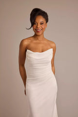 Sophisticated Fitted Mermaid Strapless Ruched Open Back Floor-Length Train Wedding Dress